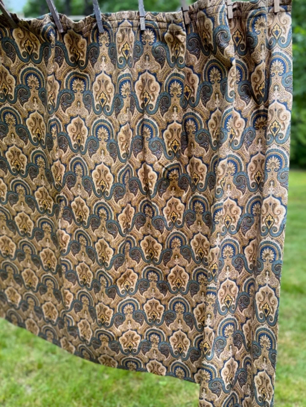 Blue and Gold Medallions Curtain Panel 74 in Wide 42 in Long Lined Custom Made